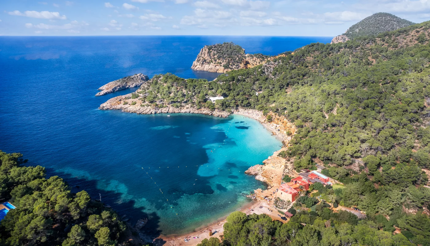 Aerial view of Cala Saladeta and Cala Salada